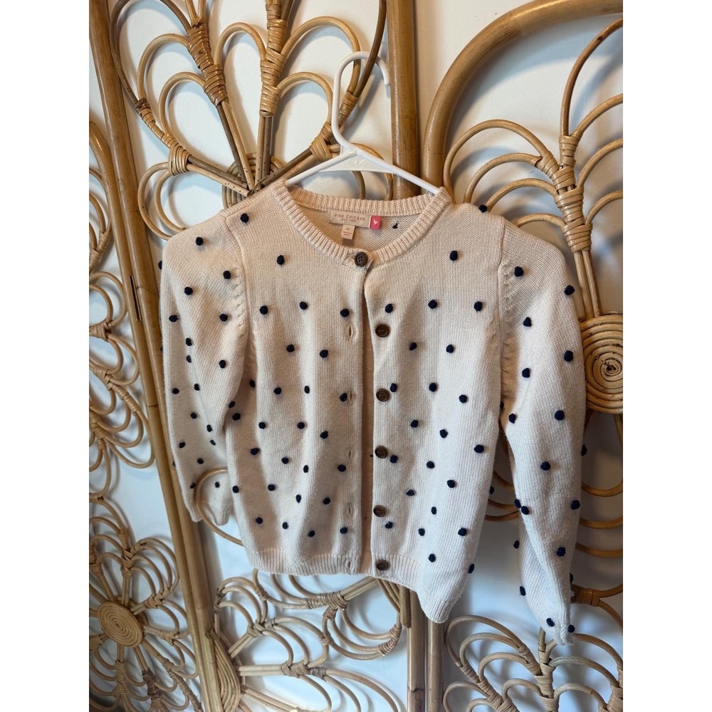 Pink Chicken New York Girls Cardigan Sweater 8Y Pink Cream Navy Polka Dot Pompom